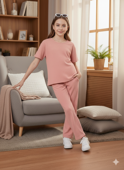 Girls T-shirt and Wide legs Pants Co-ords Set ( Pink )