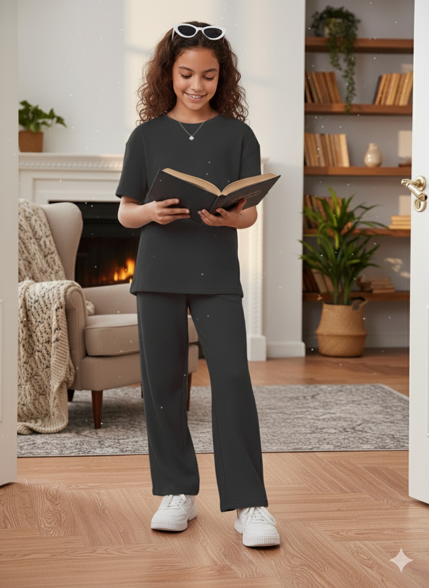 Girls T-shirt and Wide legs Pants Co-ords Set ( Black )