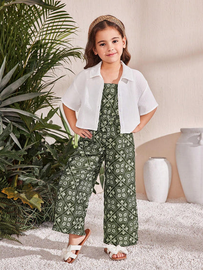 Girls White and Green Printed Clothing Set
