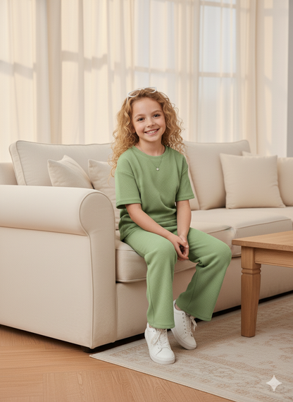 Girls T-shirt and Wide legs Pants Co-ords Set ( Green )