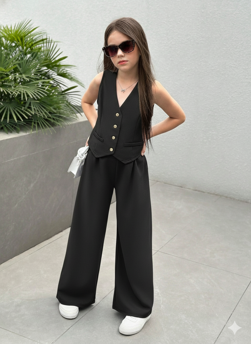 Girls Modern Solid Vest and Wide legs Pant Set ( Black )