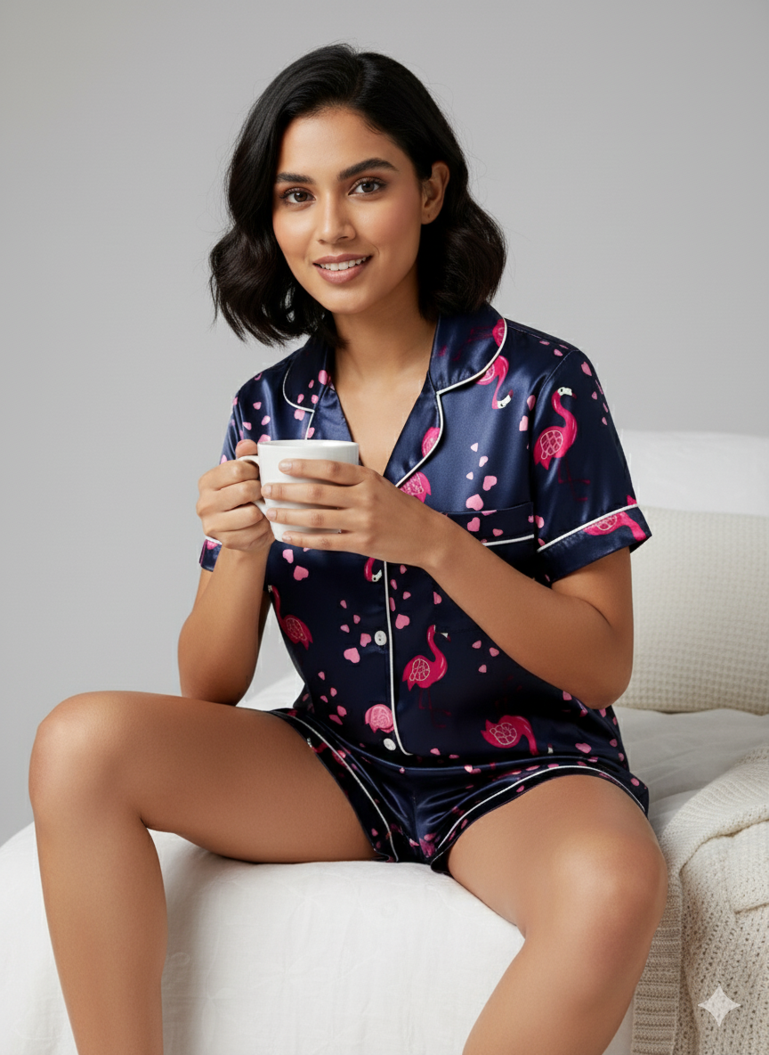 Blue Flamingo Printed Shorts Set