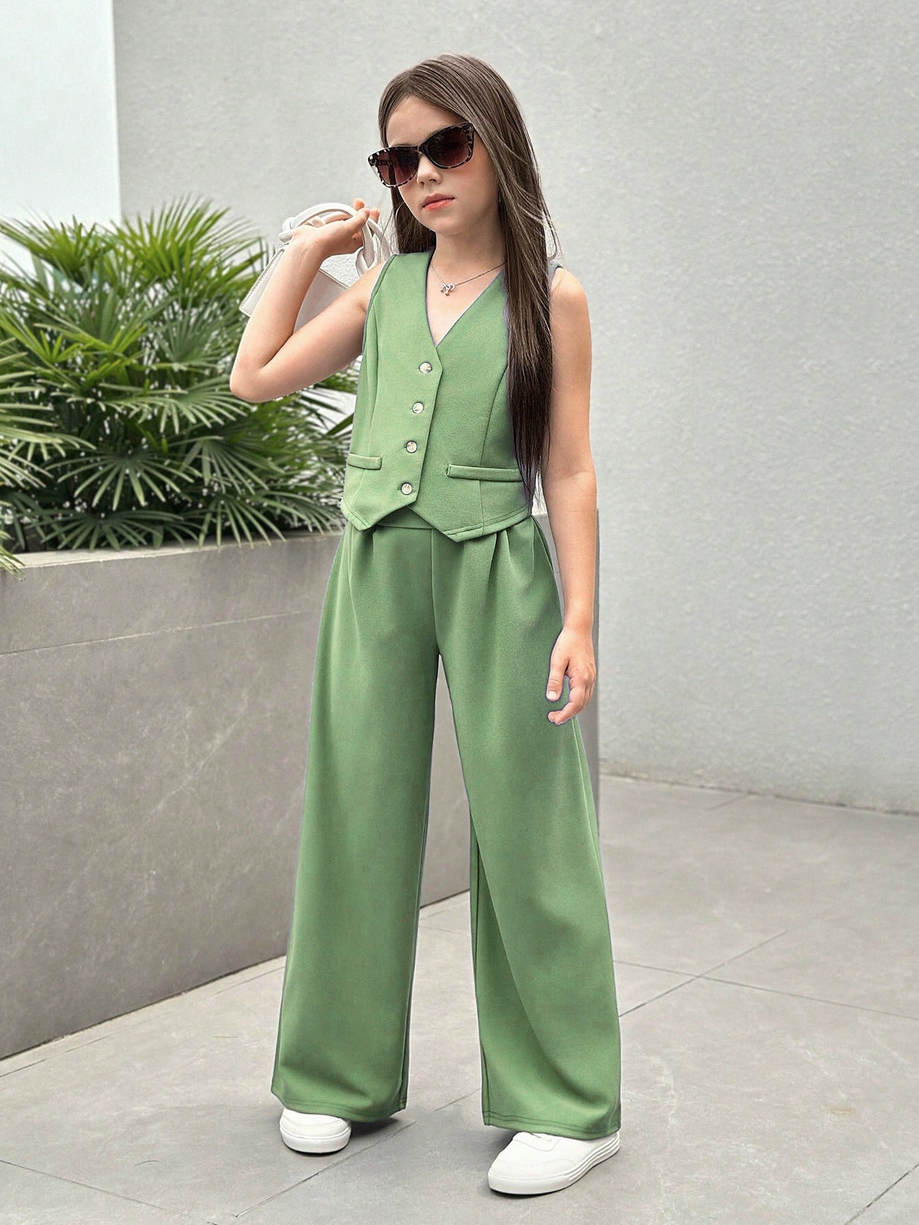 Girls Modern Solid Vest and Wide legs Pant Set ( Green )