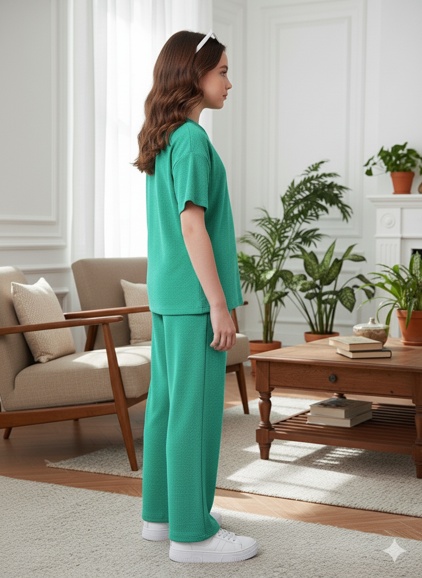 Girls T-shirt and Wide legs Pants Co-ords Set ( Dark Green )