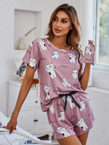 Women's White Cat Printed Co-Ord's Set In Pink Colour