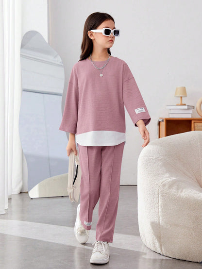 Girls Modern Oversized and  Pant Set ( Pink )