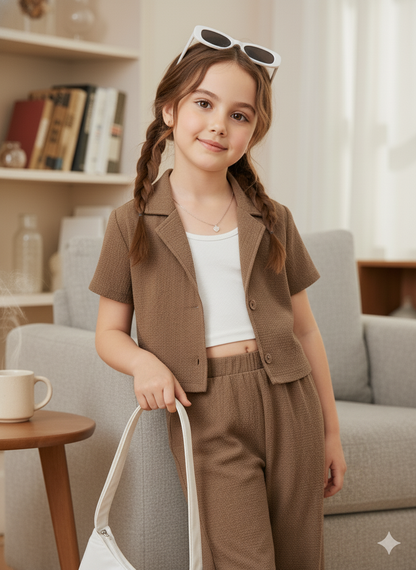 Girls Jacket and Wide legs Pants Co-ords Set ( Brown )