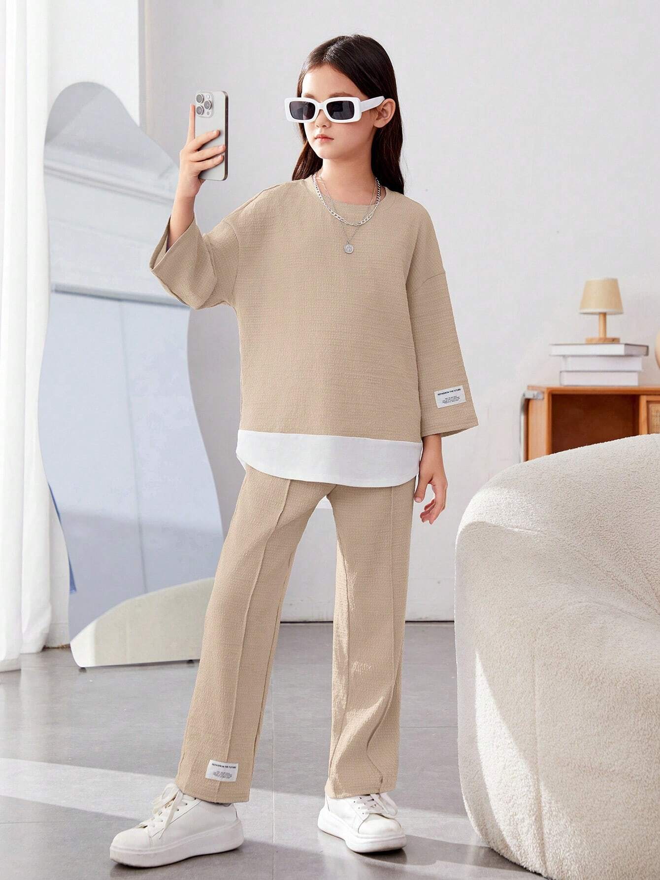 Girls Modern Oversized and  Pant Set ( Beige )
