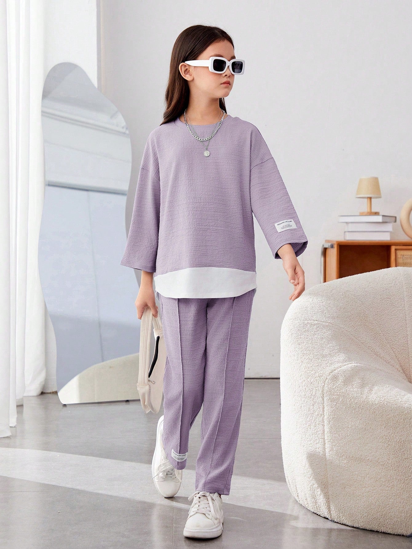 Girls Modern Oversized and  Pant Set ( Blue )