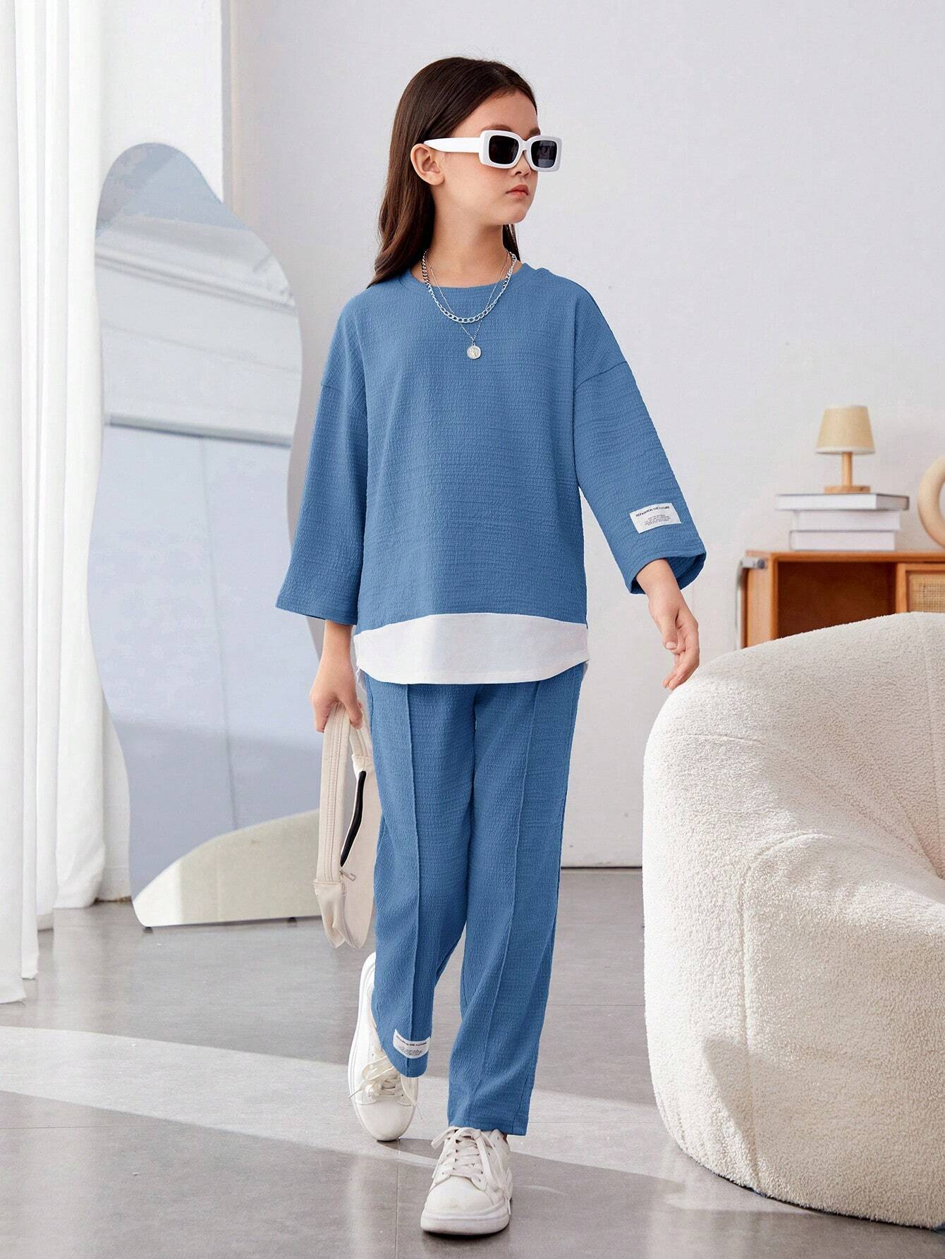Girls Modern Oversized and  Pant Set ( Blue )