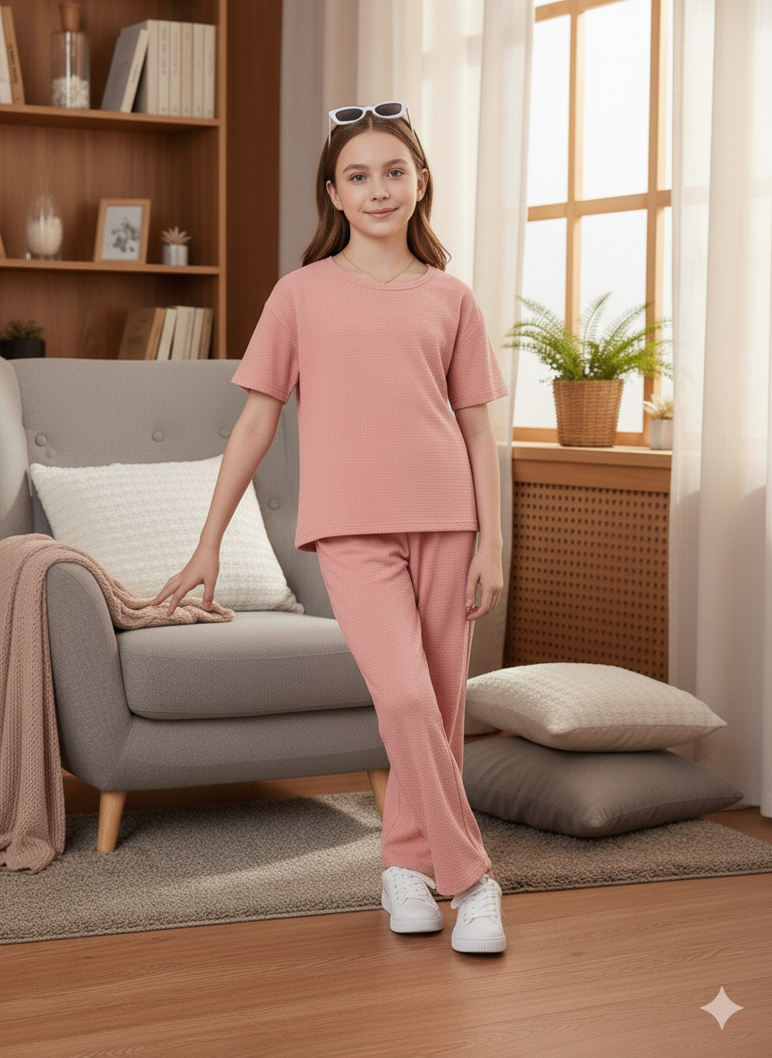 Girls T-shirt and Wide legs Pants Co-ords Set ( Pink )