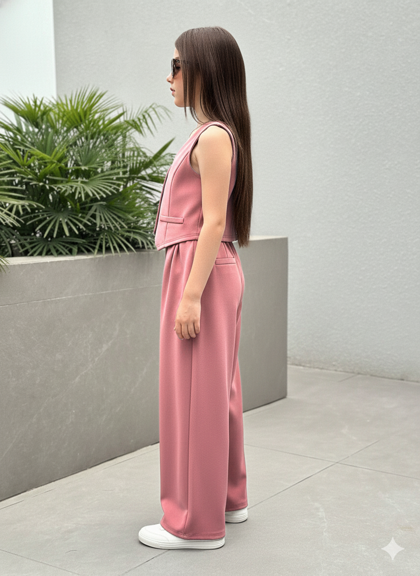 Girls Modern Solid Vest and Wide legs Pant Set ( Pink )