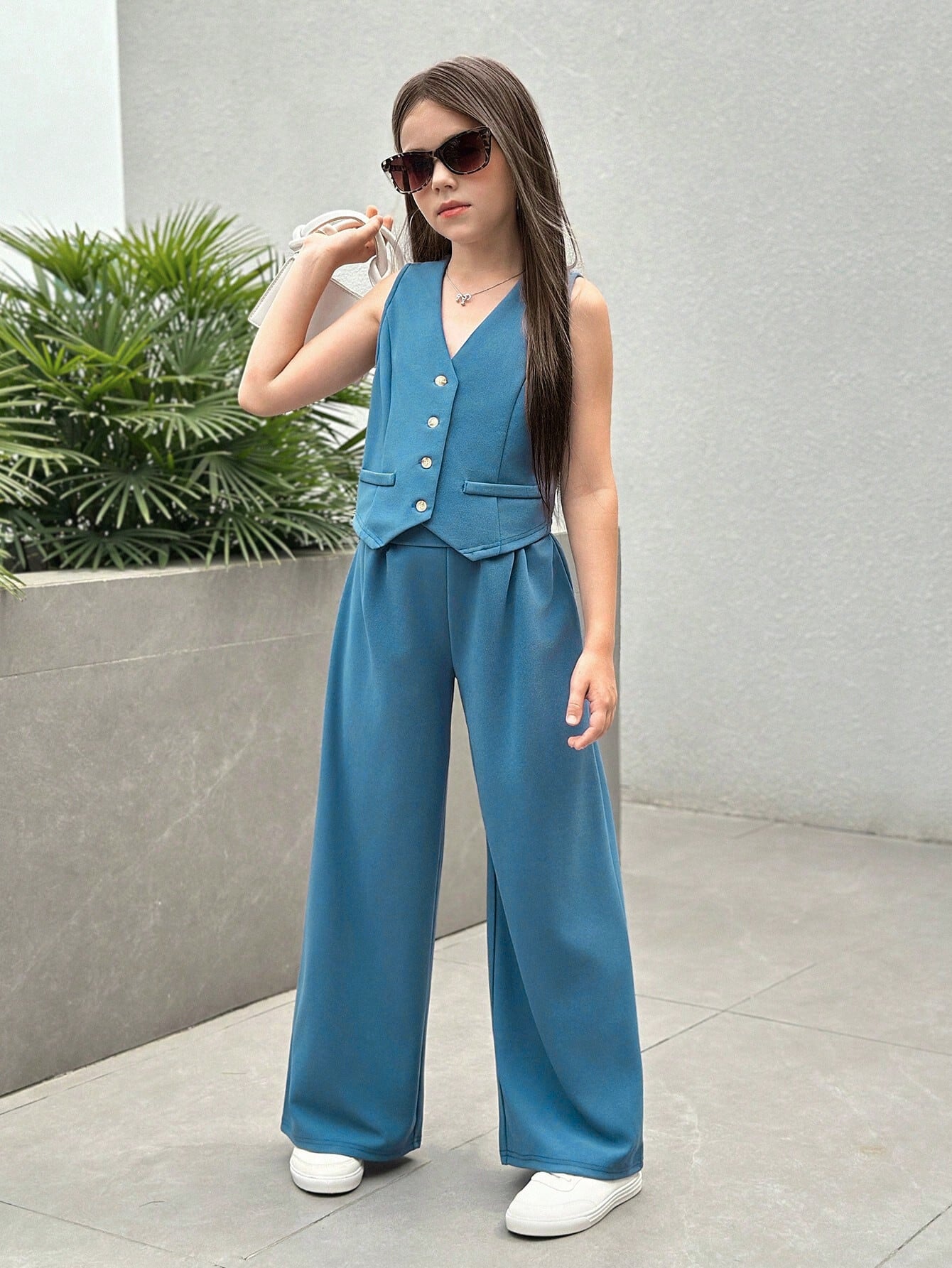 Girls Modern Solid Vest and Wide legs Pant Set ( Blue )