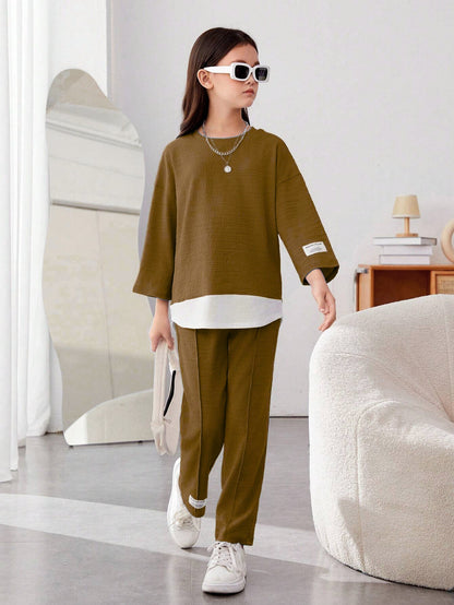Girls Modern Oversized and  Pant Set ( Brown )