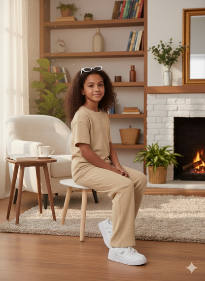 Girls T-shirt and Wide legs Pants Co-ords Set ( Beige )