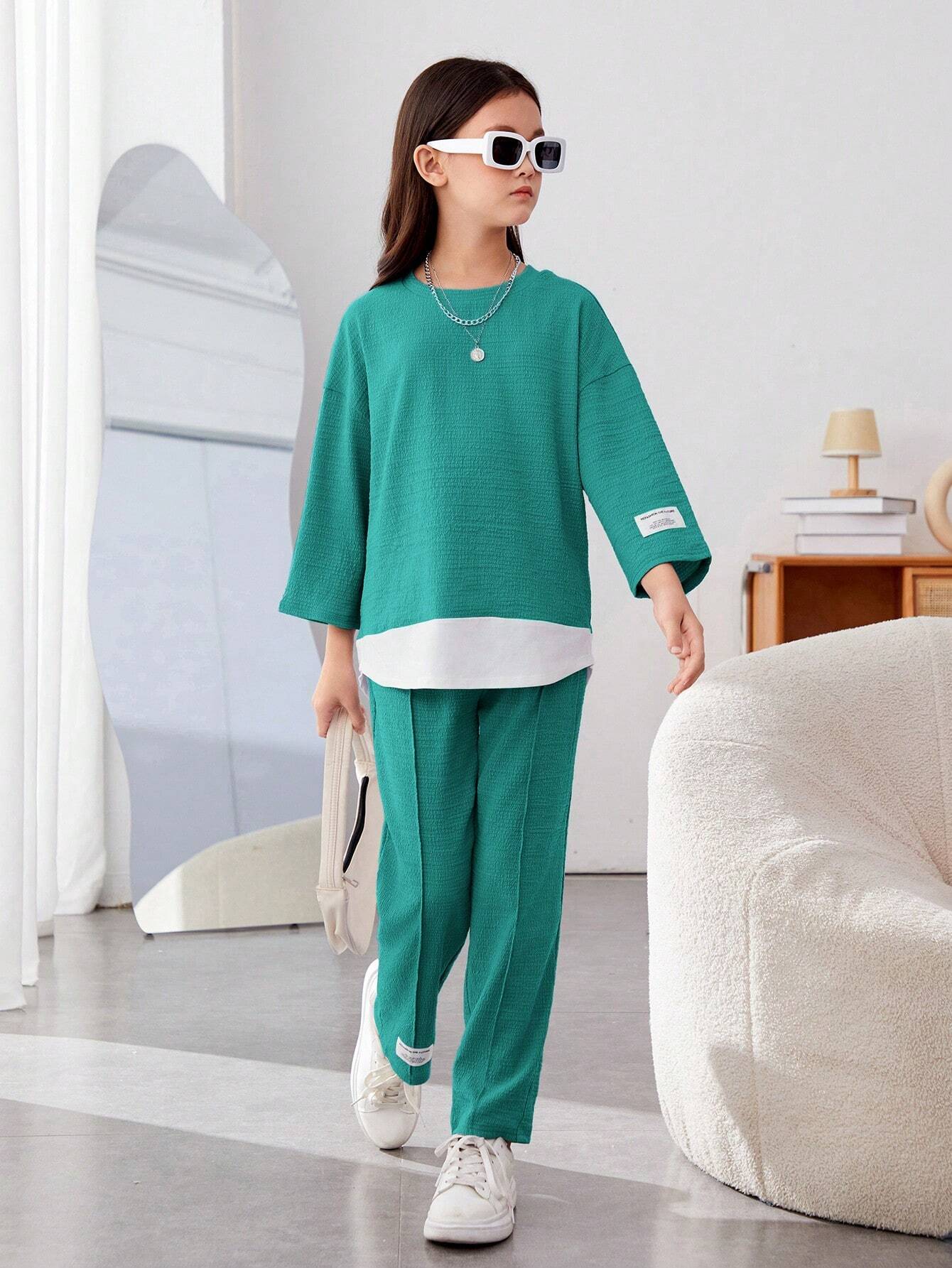 Girls Modern Oversized and  Pant Set ( Teal )