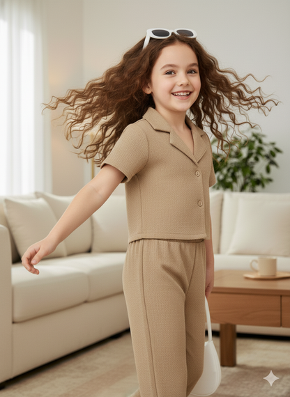 Girls Jacket and Wide legs Pants Co-ords Set ( Beige )