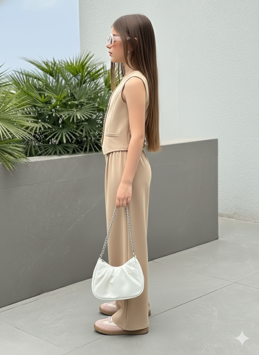 Girls Modern Solid Vest and Wide legs Pant Set ( Beige )