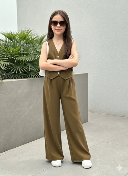 Girls Modern Solid Vest and Wide legs Pant Set ( Brown )