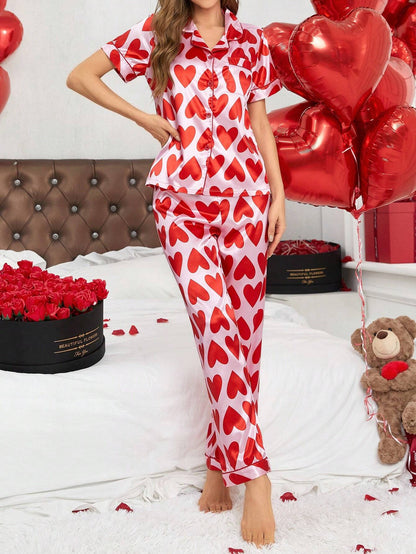 Red Love Printed Nightsuit Set For Women