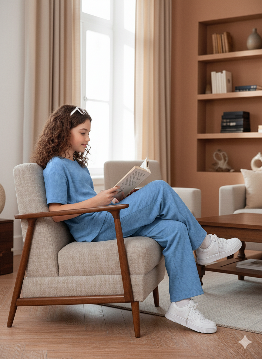 Girls T-shirt and Wide legs Pants Co-ords Set ( Light Blue )