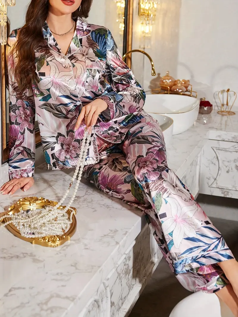 Wine Floaral Printed Pajama Set