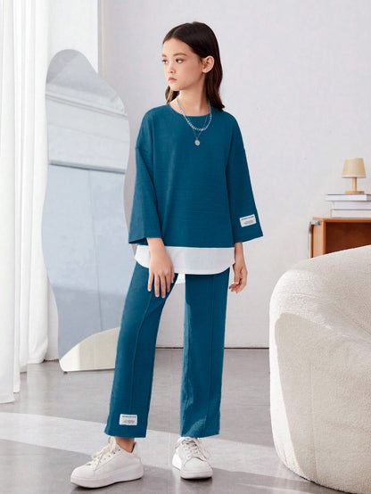 Girls Modern Oversized and  Pant Set ( Navy Blue )