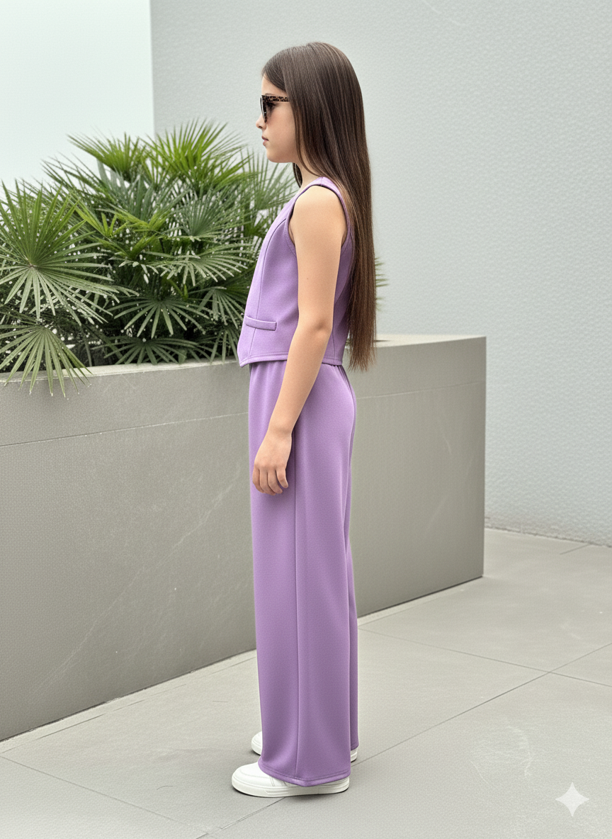 Girls Modern Solid Vest and Wide legs Pant Set ( Purple )