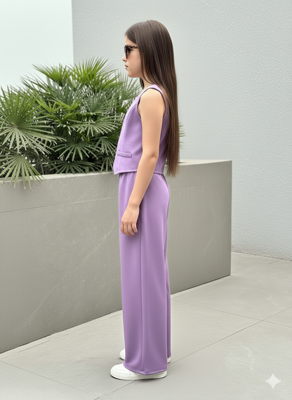 Girls Modern Solid Vest and Wide legs Pant Set ( Purple )