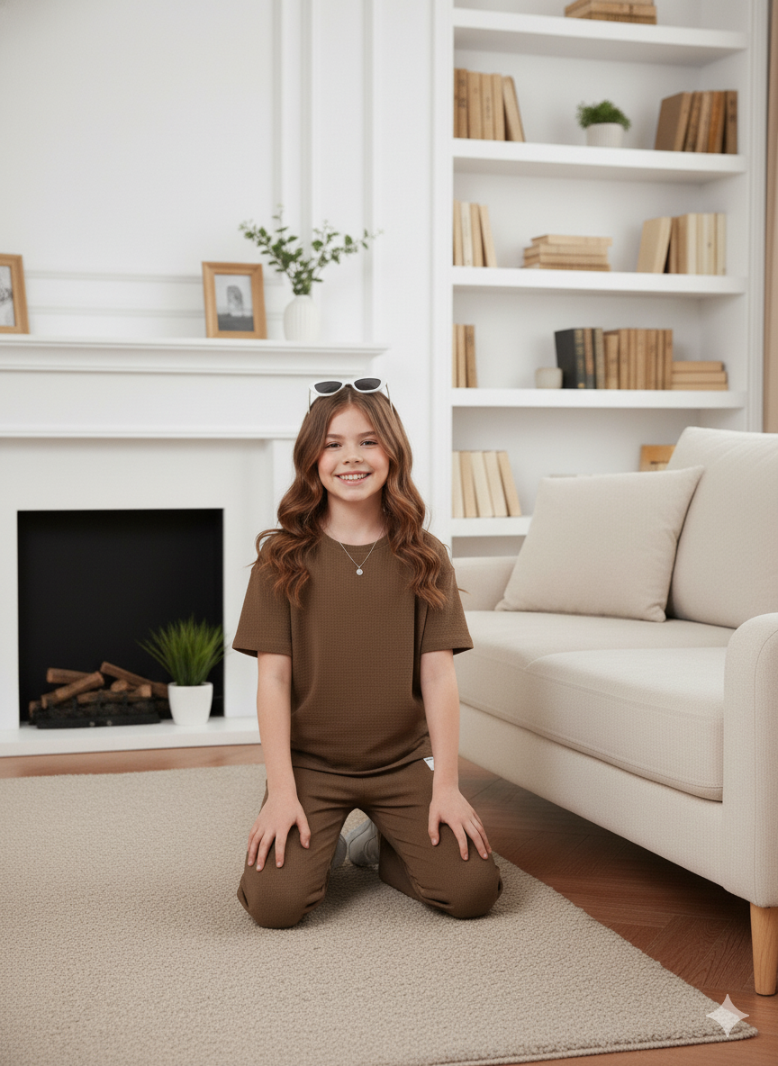 Girls T-shirt and Wide legs Pants Co-ords Set ( Brown )