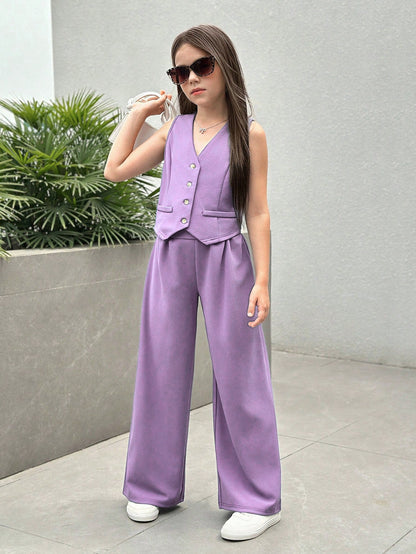 Girls Modern Solid Vest and Wide legs Pant Set ( Purple )