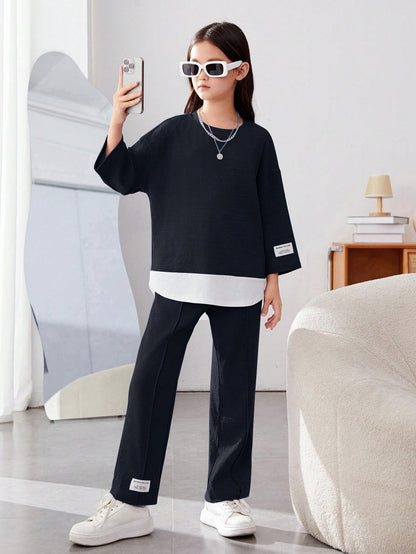 Girls Modern Oversized and  Pant Set ( Black )