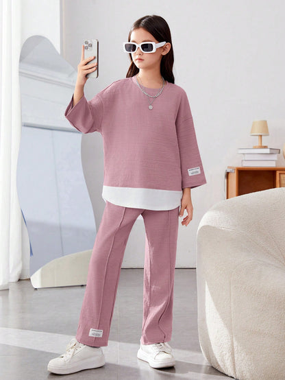 Girls Modern Oversized and  Pant Set ( Pink )