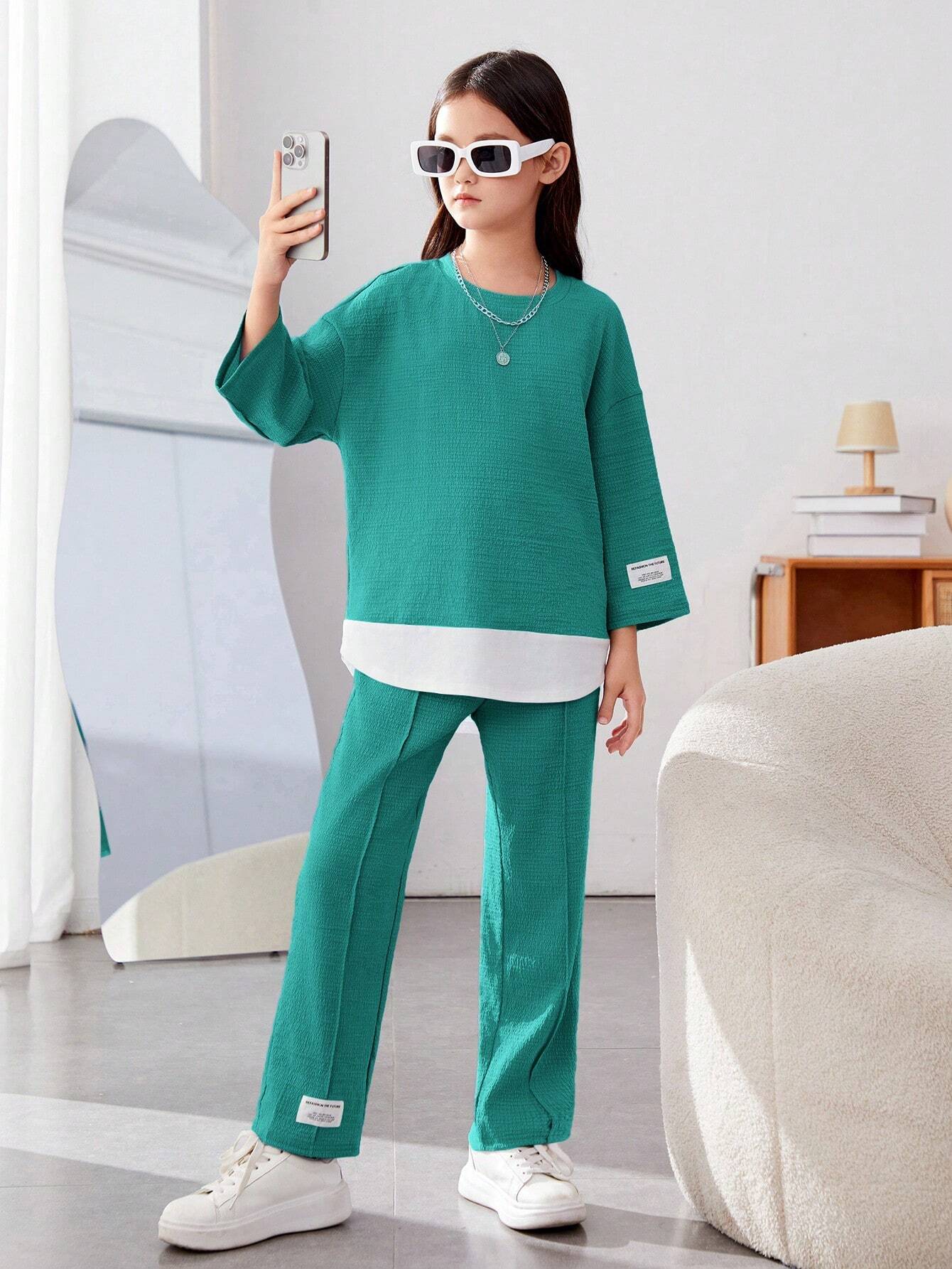 Girls Modern Oversized and  Pant Set ( Teal )
