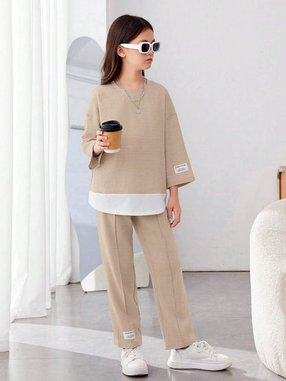 Girls Modern Oversized and  Pant Set ( Beige )