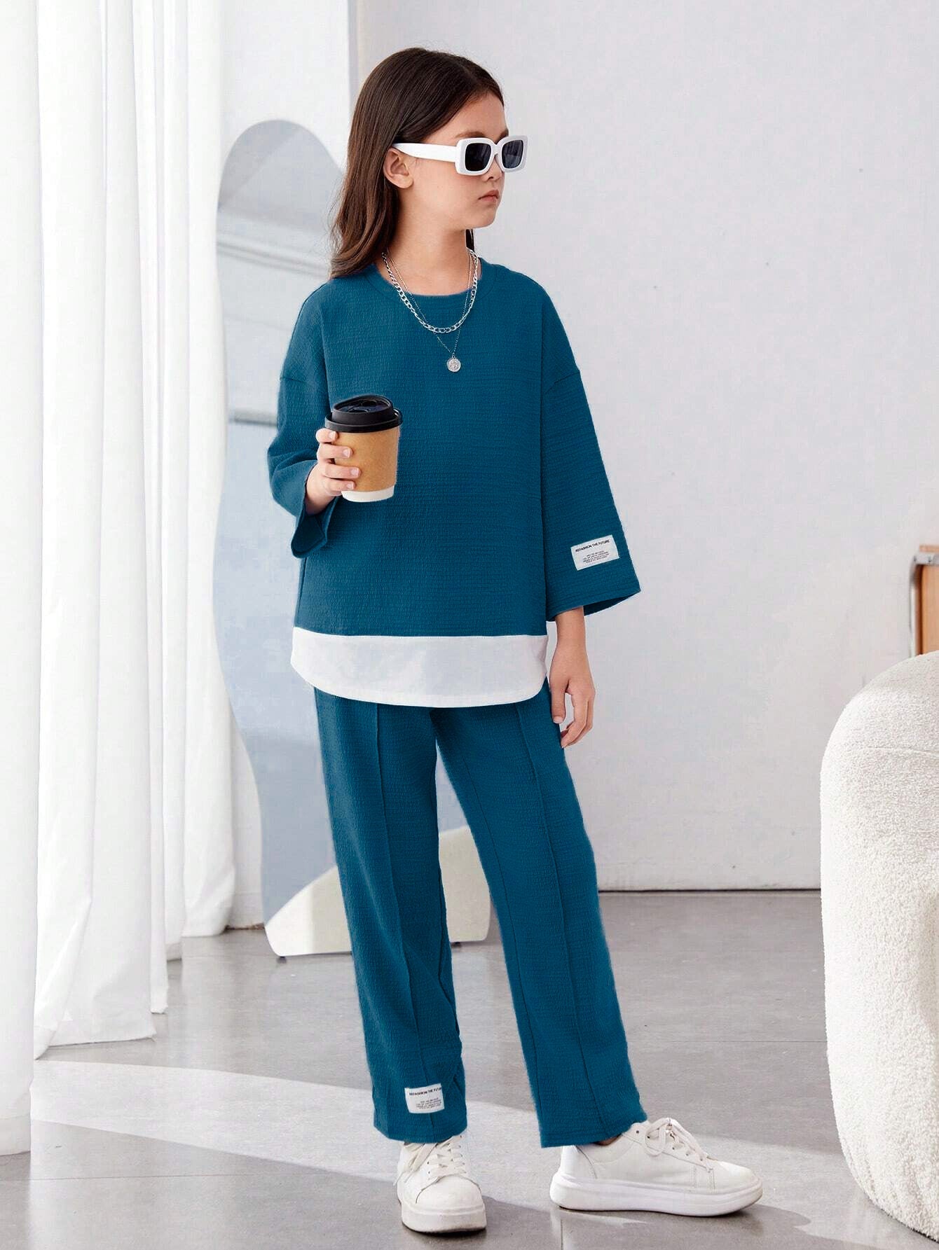Girls Modern Oversized and  Pant Set ( Navy Blue )