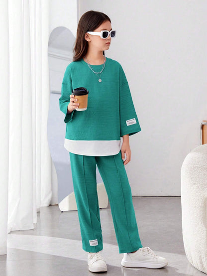 Girls Modern Oversized and  Pant Set ( Teal )