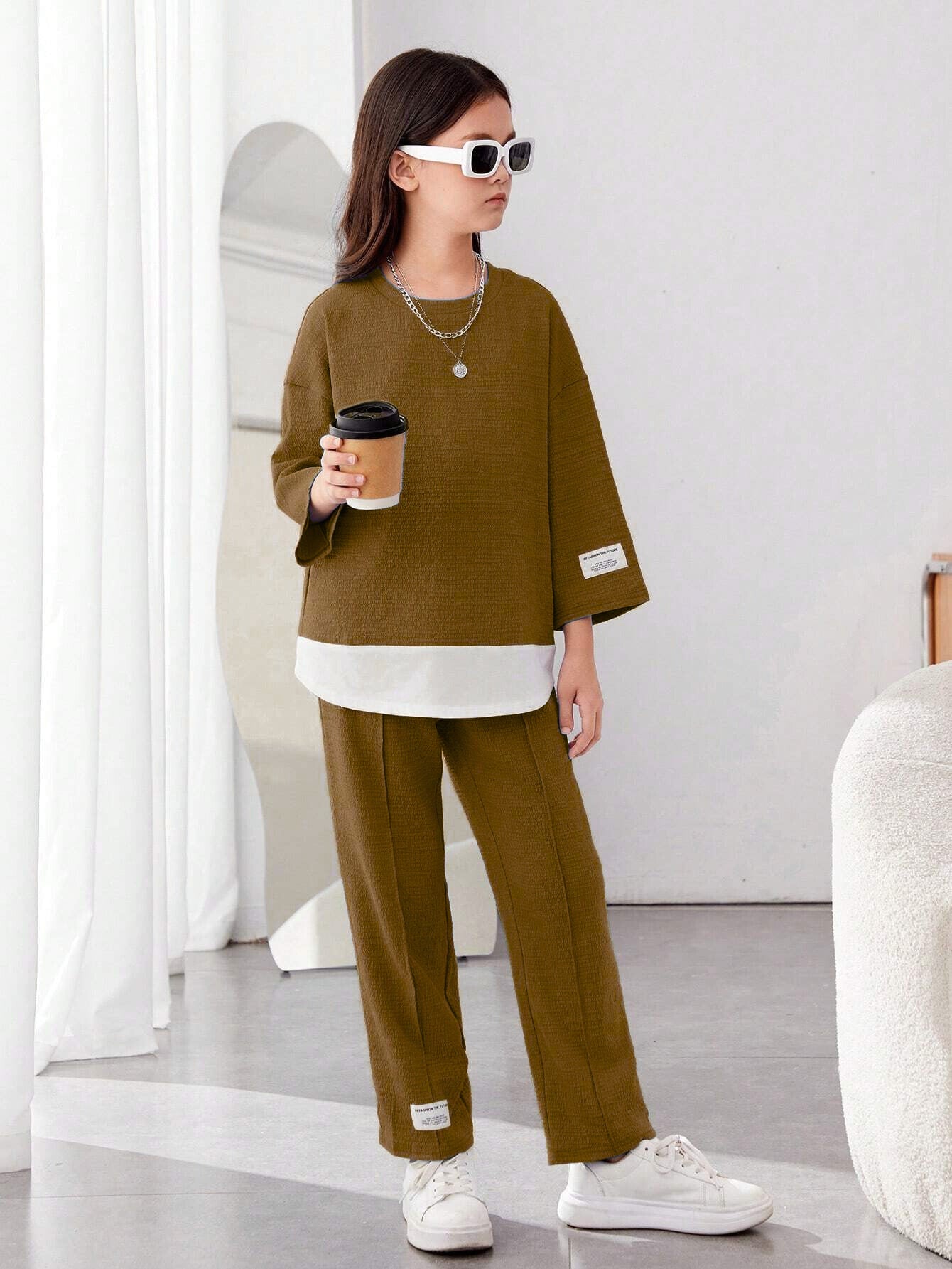 Girls Modern Oversized and  Pant Set ( Brown )
