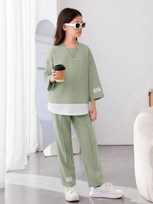 Girls Modern Oversized and  Pant Set ( Green )