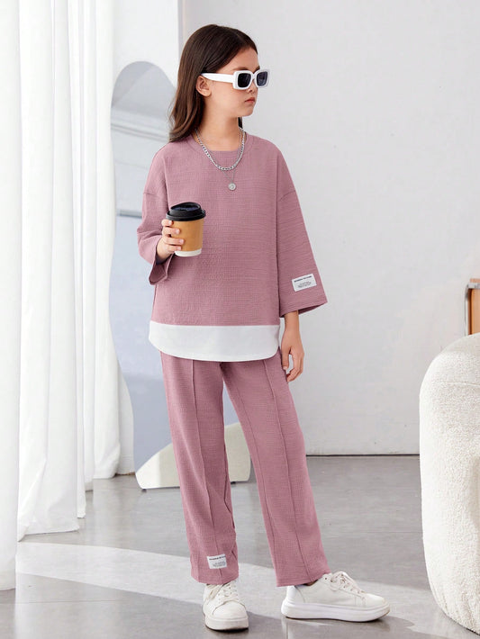 Girls Modern Oversized and  Pant Set ( Pink )