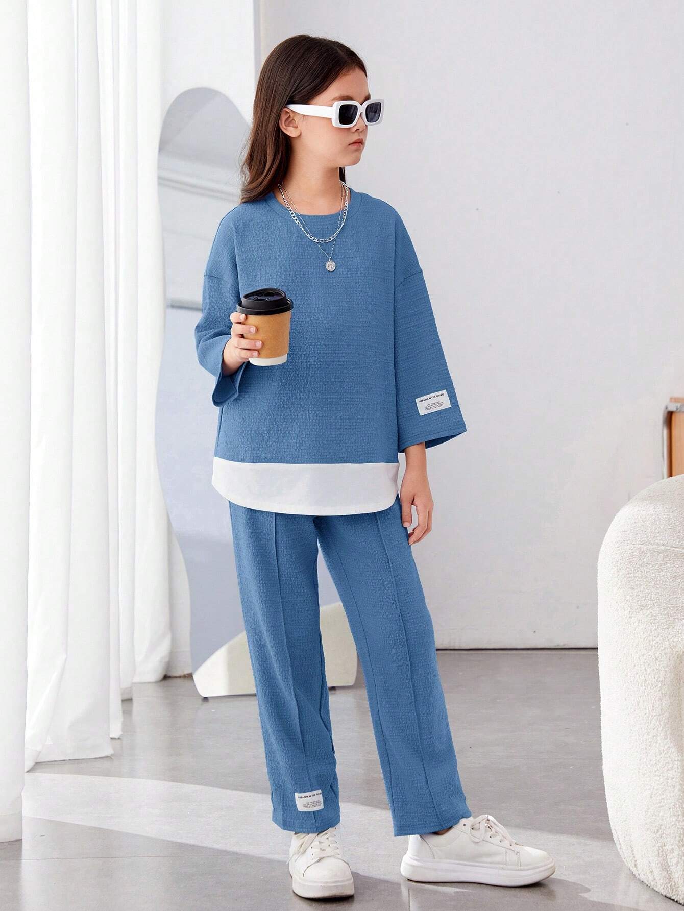 Girls Modern Oversized and  Pant Set ( Blue )