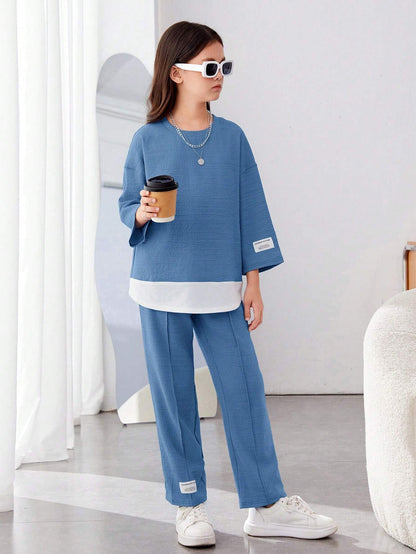Girls Modern Oversized and  Pant Set ( Blue )