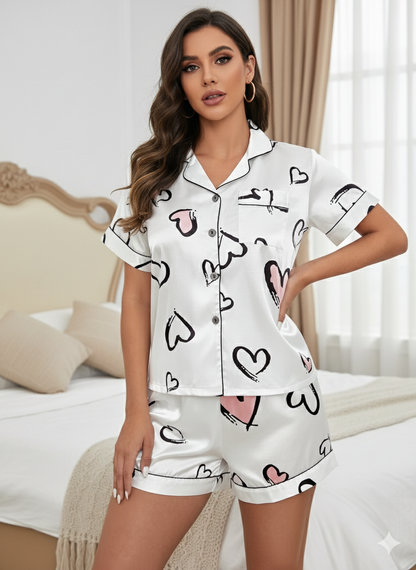 White Heart Printed Shorts Set